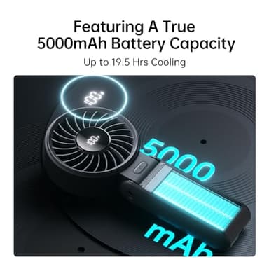 JISULIFE Handheld Fan Life7 – Ultimate Flexibility: High-Power Motor, LED Display, 19.5 Hrs Cooling, 5000mAh Rechargeable, 5-Speed, Foldable Design, 3-IN-1 Portable Fan for Travel Cruise Beach(Black) - Image 4