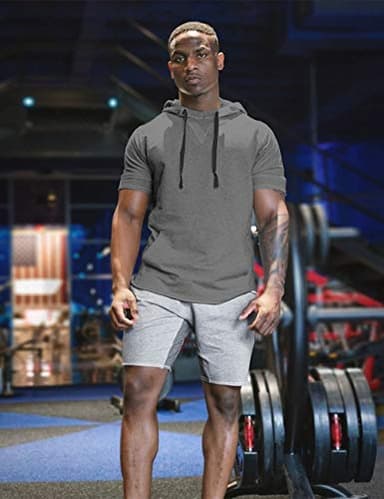 COOFANDY Gym Hoodie for Men Workout short sleeve hoodies Pullover athletic muscle fit hooded sweatshirts Dark Grey - Image 4