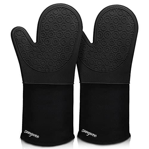 sungwoo Extra Long Silicone Oven Mitts, Heat Resistant Oven Gloves with Quilted Liner Non-Slip Textured Grip Perfect for BBQ, Baking, Cooking and Grilling - 1 Pair 14.6 Inch Black - Image 1