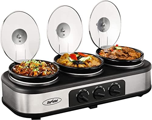 Sunvivi Slow Cooker, Triple Slow Cooker Buffet Server and Food Warmer, 3-Section 1.5-Quart Upgraded Oval Ceramic Pot with Stainless Steel Lid Rests, 3 Spoons, Total 4.5 QT - Image 1