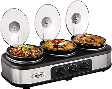 Sunvivi Slow Cooker, Triple Slow Cooker Buffet Server and Food Warmer, 3-Section 1.5-Quart Upgraded Oval Ceramic Pot with Stainless Steel Lid Rests, 3 Spoons, Total 4.5 QT - Image 1