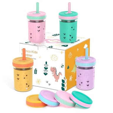 Tronco 8 oz Glass Sippy Cup for Toddlers, Kids Mason Jar Smoothie Cup with Silicone Sleeves & Spill Resistant Flexible Straw, Snack Cup, BPA-Free, Dishwasher Safe - Image 1