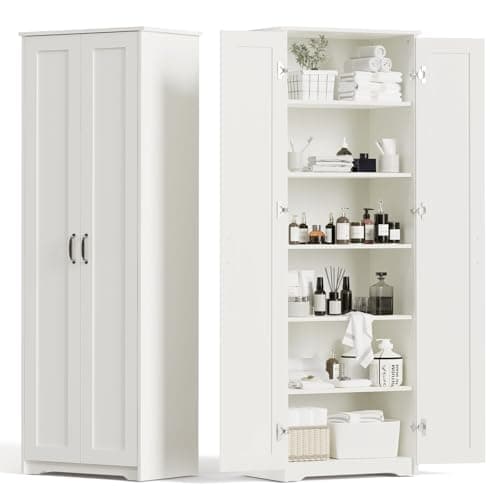 Teekyooly 70" Tall Storage Pantry Cabinet, Bathroom Floor Organizer Storage Cabinet with 2 Doors and 6 Adjustable Shelves, Standing Utility Cabinet for Dining Room, Food Storage and Kitchen, White - Image 1