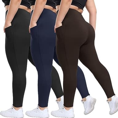 HLTPRO 3 Pack Plus Size Leggings with Pockets for Women - Black High Waisted Tummy Control Soft Yoga Pants for Gym Workout - Image 1
