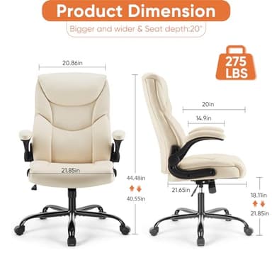 Sweetcrispy Computer Gaming Chair, Ergonomic High Back Heavy Duty Task Desk Office Chairs with Wheels, Flip-up Arms, Adjustable Height, PU Leather, Cream - Image 3