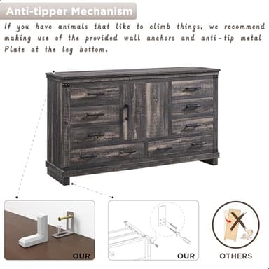 T4TREAM Farmhouse 8 Drawers Dresser for Bedroom, 54" Wide Wood Chest of Drawers w/Storage Cabient & Adjustable Shelf, Rustic Dressers Organizer for Living Room, Hallway, Dark Rustic Oak - Image 7