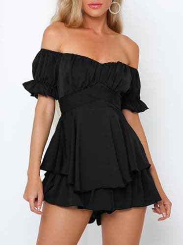Fixmatti Women Summer Casual Slash Neck Short Sleeve Belted Chiffon One Piece Romper Shorts Black L - Image 6