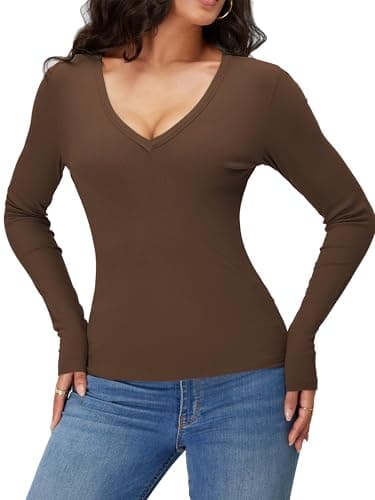 iGENJUN Women Long Sleeve V Neck Shirts for Women Business Casual Work Top Knit Slim Fit for Fall,XL, Brown - Image 3