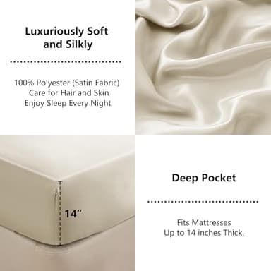 CozyLux Satin Fitted Sheet Queen Size, Beige Silky Satin Bed Fitted Sheet Only with Silky Microfiber, Deep Pocket, Single Bottom Sheet Sold Separately, Breathable, Smooth and Soft - Image 5