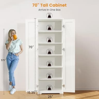 Teekyooly 70" Tall Storage Pantry Cabinet, Bathroom Floor Organizer Storage Cabinet with 2 Doors and 6 Adjustable Shelves, Standing Utility Cabinet for Dining Room, Food Storage and Kitchen, White - Image 3