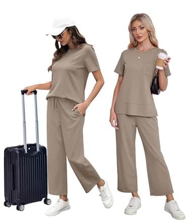 OFEEFAN Womens Plus Size Lounge Set Casual Summer Two Piece Cruise Outfits Spring Short Sleeve Tracksuit Wide Leg Airport Loungewear Travel Clothing Women's Beach Vacation Clothes Khaki 3XL - Image 5