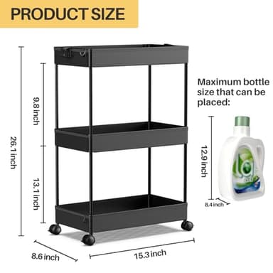 SPACEKEEPER Rolling Storage Cart 3 Tier Bathroom Cart Organizers with Wheels Laundry Room Organization Mobile Shelving Unit Utility Cart Storage Shelves Multi-Functional for Office, Home, Black - Image 4