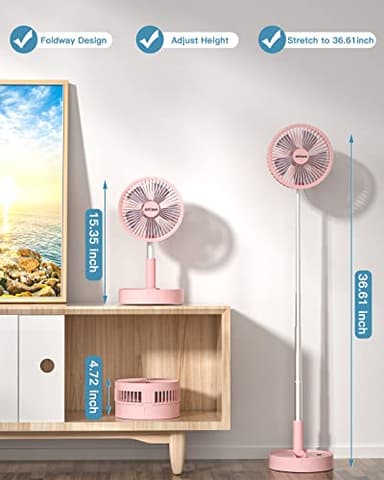 AICase Stand Fan,Folding Portable Telescopic Floor/USB Desk Fan with 7200mAh Rechargeable Battery,4 Speeds Super Quiet Adjustable Height and Head Great for Office Home Outdoor Camping-pink - Image 2