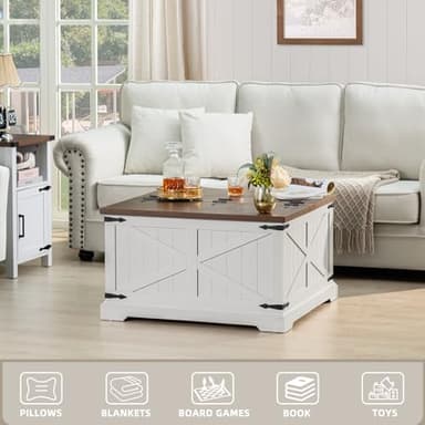 Joaxswe Farmhouse Coffee Table with Large Hidden Storage Compartment, Antique White Square Center Table, Wood Rustic Low Modern Living Room Tables with Hinged Lift Brown Top & Wooden Arc Base - Image 6