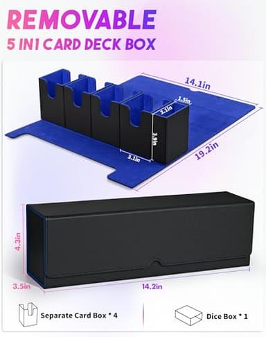 UAONO Card Deck Box with Dice Tray for MTG, 5 in 1 Card Deck Case Holds 800+ Unsleeved Cards, Strong Magnet Organizer Compatible with Yugioh TCG Sports Cards (Black Blue) - Image 3