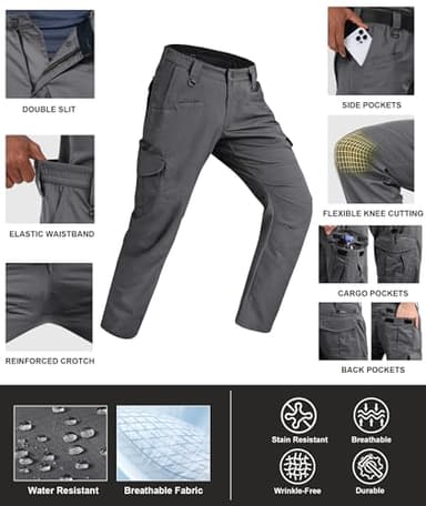 Zoofly Mens Hiking Pants with Pockets Water Proof Cargo Work Pants for Men Ripstop Army Cargo Pants Elastic Waist Grey 32W*32L - Image 4