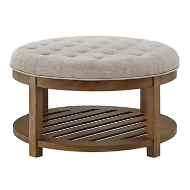 24KF Large Round Upholstered Tufted Linen Ottoman Coffee Table, Large Footrest Ottoman with Wood Shelf Storage-Iinen - Image 4