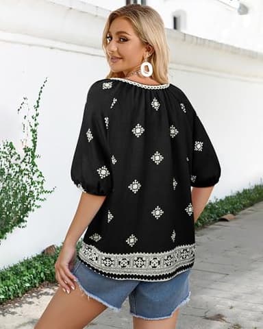 Vivilli Boho Tops for Women: Flowy Casual Top Peasant Blouses Floral Top Short Sleeve Shirts Summer Shirts Crochet V Neck Beach Vacation Clothes Bohemian Tops Hawaiian Outfits Women's Clothing Black L - Image 6