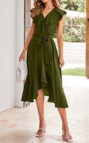 PRETTYGARDEN Women Summer Bohemian Slit Ruffle Beach Dresses Casual Wrap V Neck Tie Dress A-Line Swing Midi Sun Dress (Army Green,X-Large) - Image 3