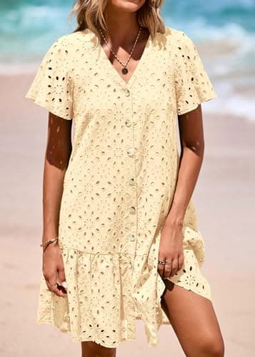 KIRUNDO Summer Dresses for Women 2025 Eyelet Button Down V Neck Short Sleeve Hollow Out A Line Loose Mini Babydoll Dress(Beige, Large) - Image 5