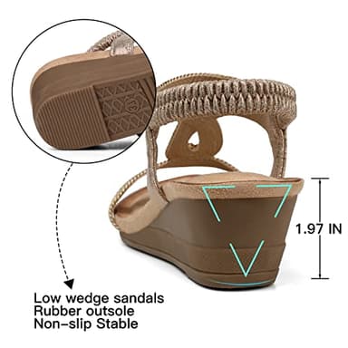 SHIBEVER Womens Wedge Sandals Elastic Ankle Strap Sandals Summer Comfortable Shoes Champagne Size 9 - Image 6