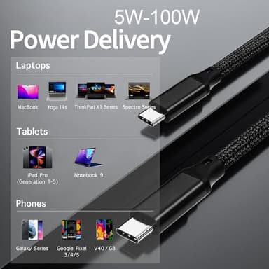 Elfesoul USB C to C Cable, 3.2 Gen 2 USB-C Cable 10ft - 4K UHD 20Gbps 100W PD Fast Charging Cable for MacBook Pro, for iPad Pro, Nylon Braided, Black. - Image 6