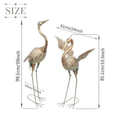 TERESA'S COLLECTIONS Garden Decor, Set of 2 Cranes Garden Decor, 33-39", Elegant Cranes with Golden Painting, Waterproof Metal Garden Statue, Herons Gifts Birthday Gifts for Women Mom - Image 5