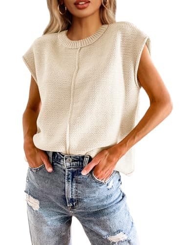 Saodimallsu Womens Tank Tops Summer Causal Loose Fit Cap Sleeve Crew Neck Knit Lightweight Sweater Pullover Top Apricot - Image 1