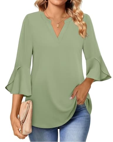 Gaharu Women Shirts for Work: XL Lime Green 3/4 Ruffle Sleeve Summer Tops - Office Blouses - Junior Business Tops Attire - Image 3