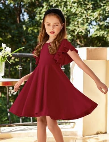 Arshiner Girl's Summer Dresses Ruffle Short Sleeve Swing Flowy Midi Casual Sundress with Pockets A Wine Red Toddler 4-5 Y - Image 6
