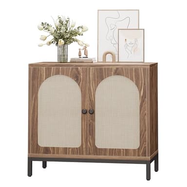 GarveeHome Rattan Sideboard Buffet Cabinet, Kitchen Storage Cabinet with Adjustable Shelf for Living Room, Hallway, Dark Brown - Image 1