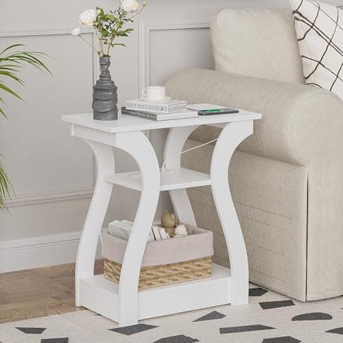 FROMJBEST End Tables Living Room, White End Table with Charging Station,White Side Table, Nightstand for Bedroom, 3 Tier End Table with Storage Shelf for Living Room - Image 1