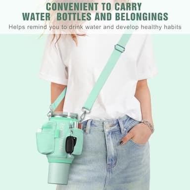 Nuovoware Water Bottle Carrier Bag Fits Stanley Quencher 40OZ, Water Bottle Holder with Strap and Pocket, Neoprene Water Bottle Pouch Sleeve Sling Bag for Hiking Travelling Camping, Mint Green - Image 3