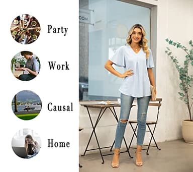 Anyally Women's Summer Dressy Chiffon Blouses V Neck Ruffle Short Sleeve Tunic Tops for Leggings Casual T-Shirts, XL Red Flower White - Image 7