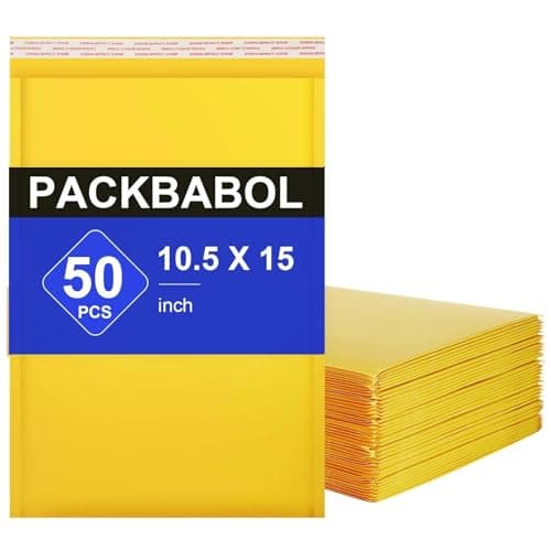 packbabol Kraft bubble mailers 10.5x15 Inch 50 Pack,Self-Sealing Paper Envelopes for Packaging,Strong Adhesion Envelope Mailers, Waterproof Cushioned Padded Shipping Bags Yellow #5 - Image 1