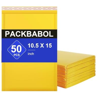 packbabol Kraft bubble mailers 10.5x15 Inch 50 Pack,Self-Sealing Paper Envelopes for Packaging,Strong Adhesion Envelope Mailers, Waterproof Cushioned Padded Shipping Bags Yellow #5 - Image 1