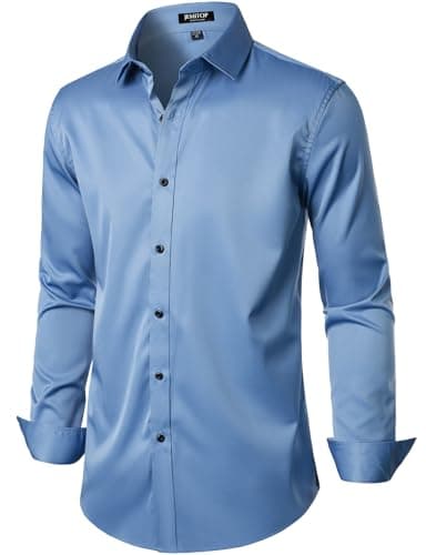 JEMITOP Men's Stretch Wrinkle Free Dress Shirts Formal Wedding Prom Long Sleeve Button Down Shirt Classic Blue XXL - Image 3