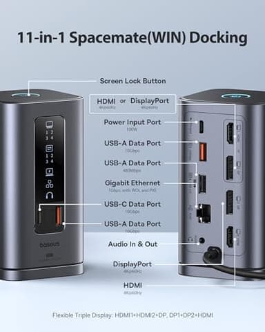 Baseus Docking Station, Spacemate(Win) 11 in 1, Triple Display, 4K HDMI and DP, 10Gbps USB A/C Ports, Gigabit Ethernet, 100W PD, Audio, Laptop Docking Station for Windows/Dell/HP/Lenovo/Asus/Acer/Mac - Image 2