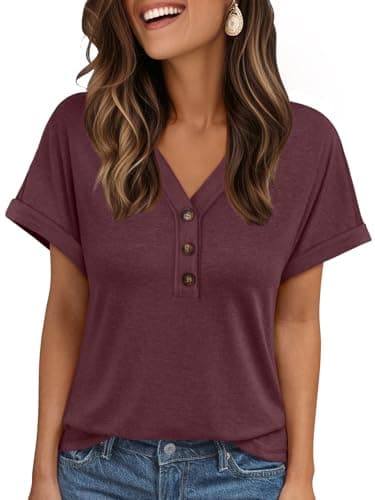 AUTOMET Short Sleeve V Neck T Shirts Womens 2025 Summer Spring Fashion Business Casual Dressy Cute Lightweight Loose Fit Work Tshirts Ladies Blouses Henley Tops Clothes Outfits Clothing Wine - Image 1