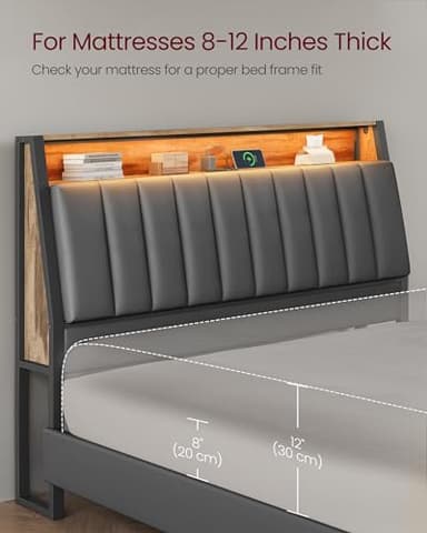 VASAGLE LED Bed Frame Queen Size, Storage Headboard and Charging Station, Queen Bed Frame with 2 AC Outlets, 1 USB Port, 1 Type-C Port, No Box Spring Needed, Dove Gray and Camel Brown URMB841G01 - Image 8
