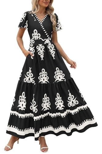 PRETTYGARDEN Womens 2025 Summer Casual V Neck Boho Maxi Dress Flowy Aline Bell Sleeve Tiered Floral Dresses with Pocket (Floral Black White,X-Large) - Image 1
