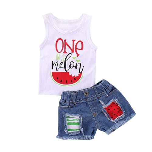 Mikrdoo Toddler Girl Summer Outfits Watermelon Tank Top + Denim Shorts 2T Infant Girl Clothes (18-24 Months, White) - Image 1