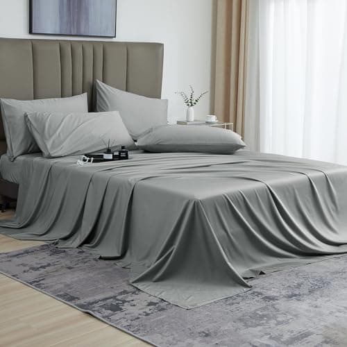 David's Home 6PCS Cooling Sheets Set Queen Size, 100% Rayon Derived from Bamboo, 16" Deep Pocket 2.5cm Wider Elastic, Luxury Silky Breathable for Hot Sleeper,Breathable Smooth Soft, Grey - Image 1