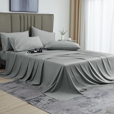 David's Home 6PCS Cooling Sheets Set Queen Size, 100% Rayon Derived from Bamboo, 16" Deep Pocket 2.5cm Wider Elastic, Luxury Silky Breathable for Hot Sleeper,Breathable Smooth Soft, Grey - Image 1