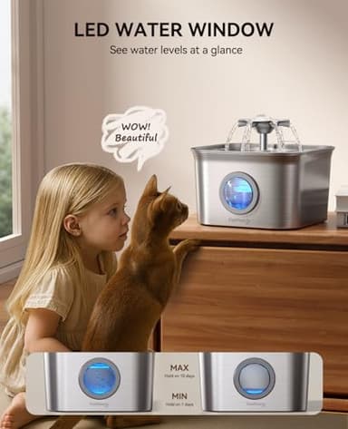 Stainless Steel Cat Water Fountain for Drinking with 3 Filters, 2.8L Auto Pet Drinking Fountain for Cats with 20dB Ultra-Quiet Pump, 24/7 Circulation Filtration LED Water Level Window Dishwasher Safe - Image 5