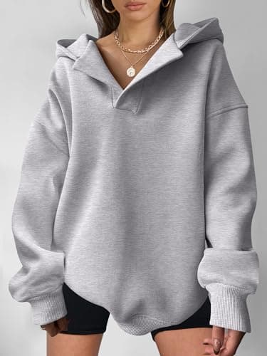 ANRABESS Womens Oversized Hoodies V Neck Sweatshirts Fleece Long Sleeve Pullover Y2K Clothes 2025 Fall Trendy Outfits Light Gray L - Image 3