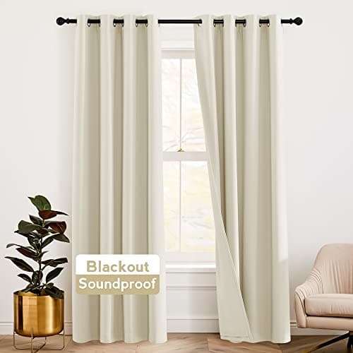 RYB HOME Soundproof Curtains 108 inches Blackout Energy Saving Grommet Curtains Window Treatment Panels for Bedroom Studio Sliding Glass Door, W 52 x L 108 inches, Beige, 2 Pcs - Image 1
