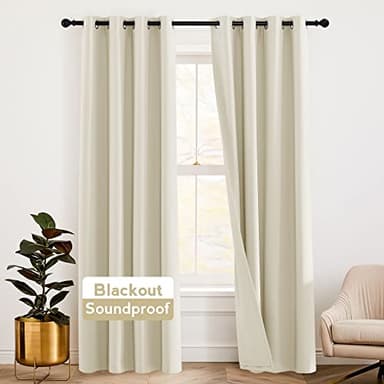 RYB HOME Soundproof Curtains 108 inches Blackout Energy Saving Grommet Curtains Window Treatment Panels for Bedroom Studio Sliding Glass Door, W 52 x L 108 inches, Beige, 2 Pcs - Image 1