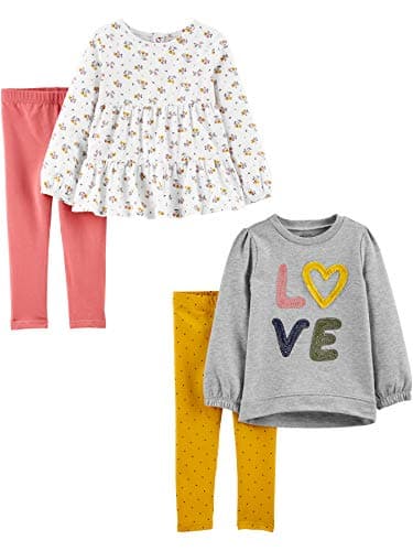 Simple Joys by Carter's Toddler Girls' 4-Piece Long-Sleeve Shirts and Pants Playwear Set, Grey Love/Pink/White Floral/Yellow Dots, 2T - Image 1