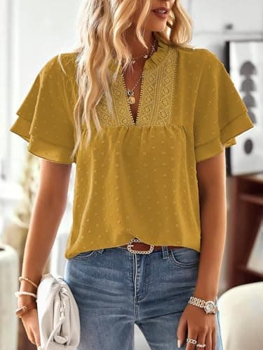 Falechay Plus Size Tops for Women Dressy Casual Short Sleeves Going Out Womens Blouses V Neck Ruffle Sleeve Summer Shirts Tunic Business Cute Swiss Dot Boho Top Bohemian Flowy Shirt Yellow 2XL - Image 4
